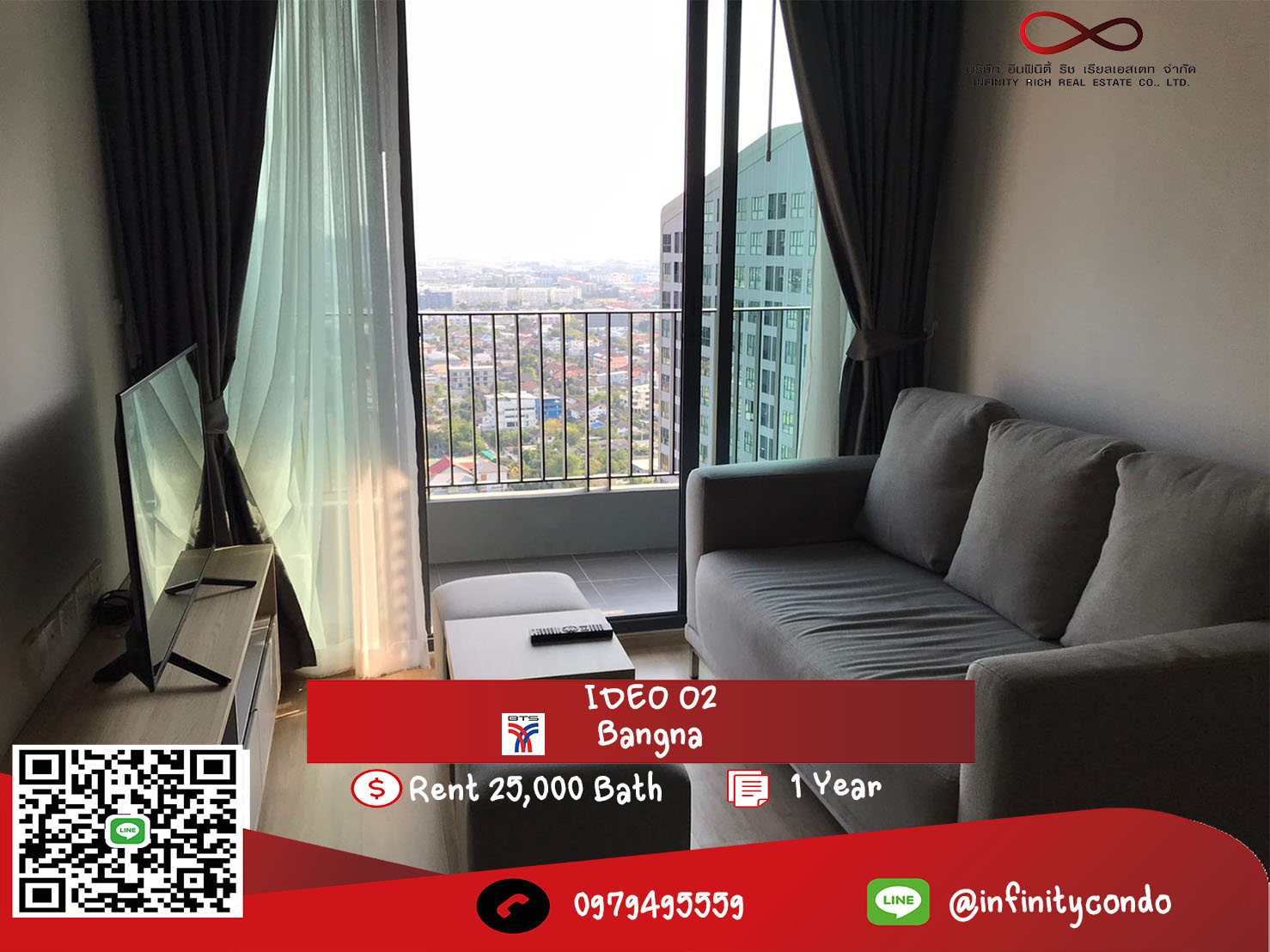 ให้เช่าcondo IDEO O2 BTS Bangna ขนาด 47.20 ตรม 2BED ราคา 25,000 บาท ชั้น30 0979495559